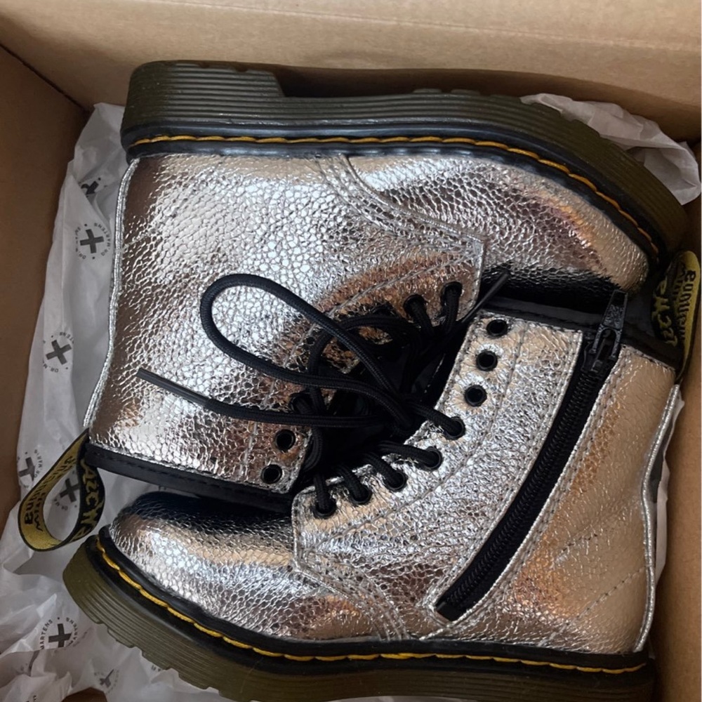 Dr. Martens Kids Silver Metallic Lace-Up Ankle Boots with Side Zip